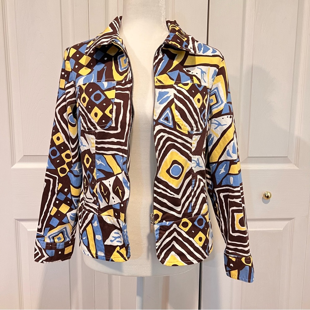 🍊 Erin London Brown Yellow and White Cotton Lightweight Zip front Jacket